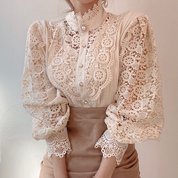 Lace blouse floral womens clothing long sleeve - Picture 3 of 10